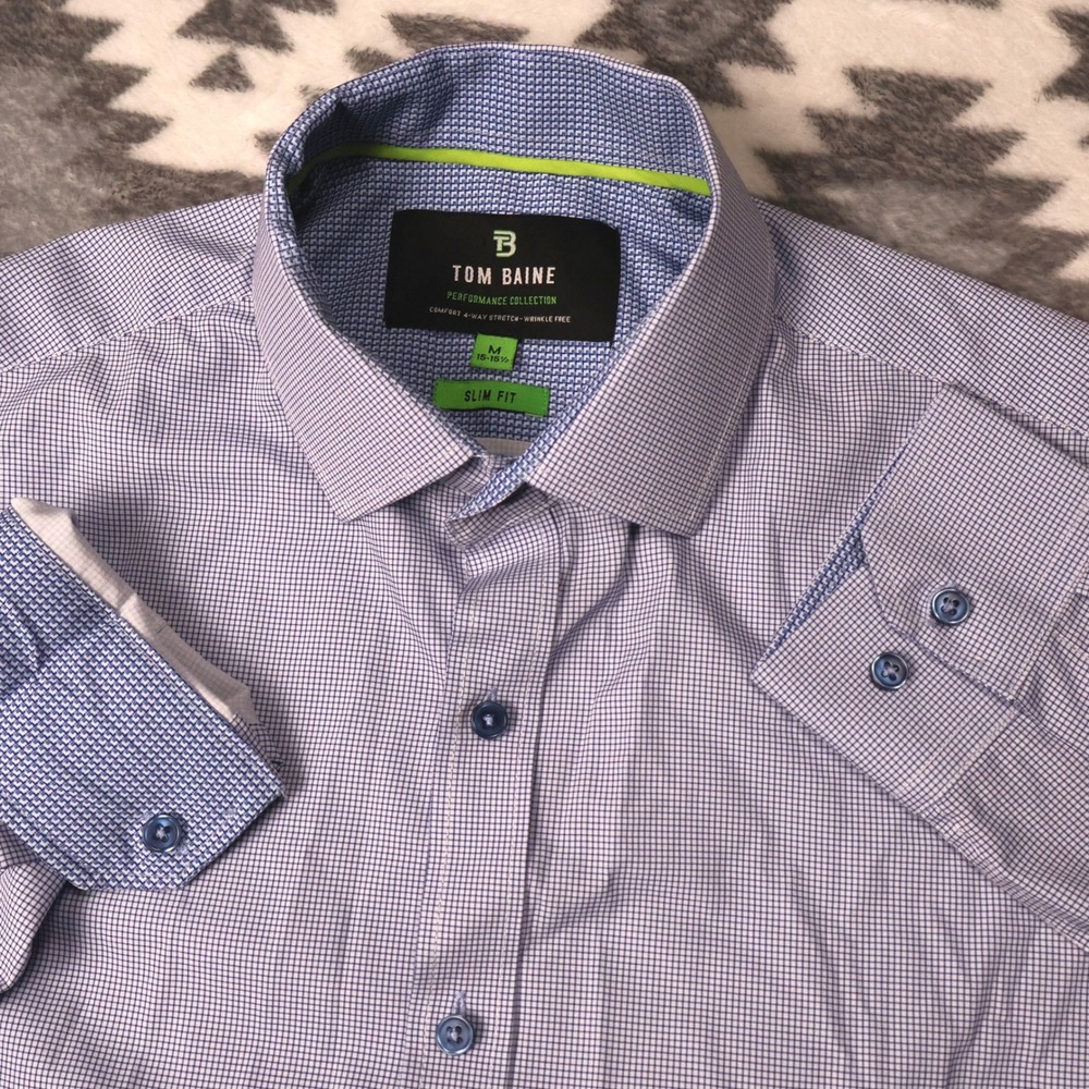 Tom Baine Slim Fit Performance Shirt Blue Micro Check M 15-15.5 Long Sleeve